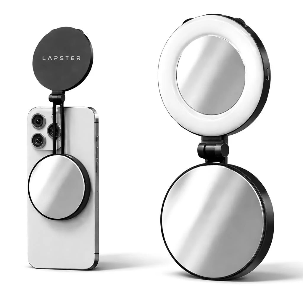 Lapster Luma Flex Magnetic Selfie Ring Light with Makeup Mirror, 3 Color Modes, 360° Rotatable, Type-C Rechargeable, for Phone, Laptops, Tab