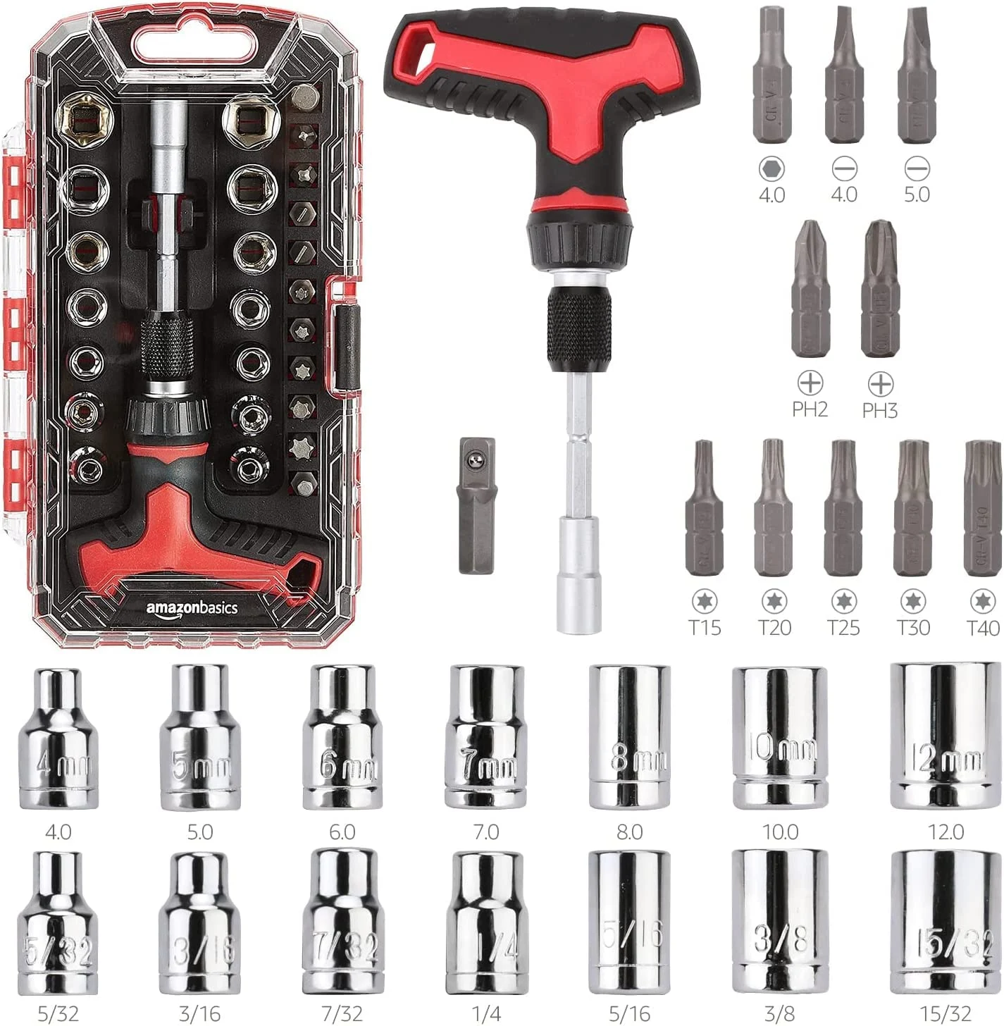 Amazon basics 27-Piece Magnetic T-Handle Ratchet Wrench and Screwdriver Set, 6.8 x 3.7 x 1.3 inch