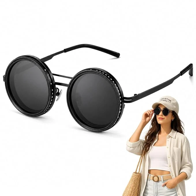 Glaceon 1-9 Gears Adjustable Tint Sunglasses, Rounded Polarized Glasses with ND Filter Lenses, Polarized Sunglasses for Men, Lightweight Sun