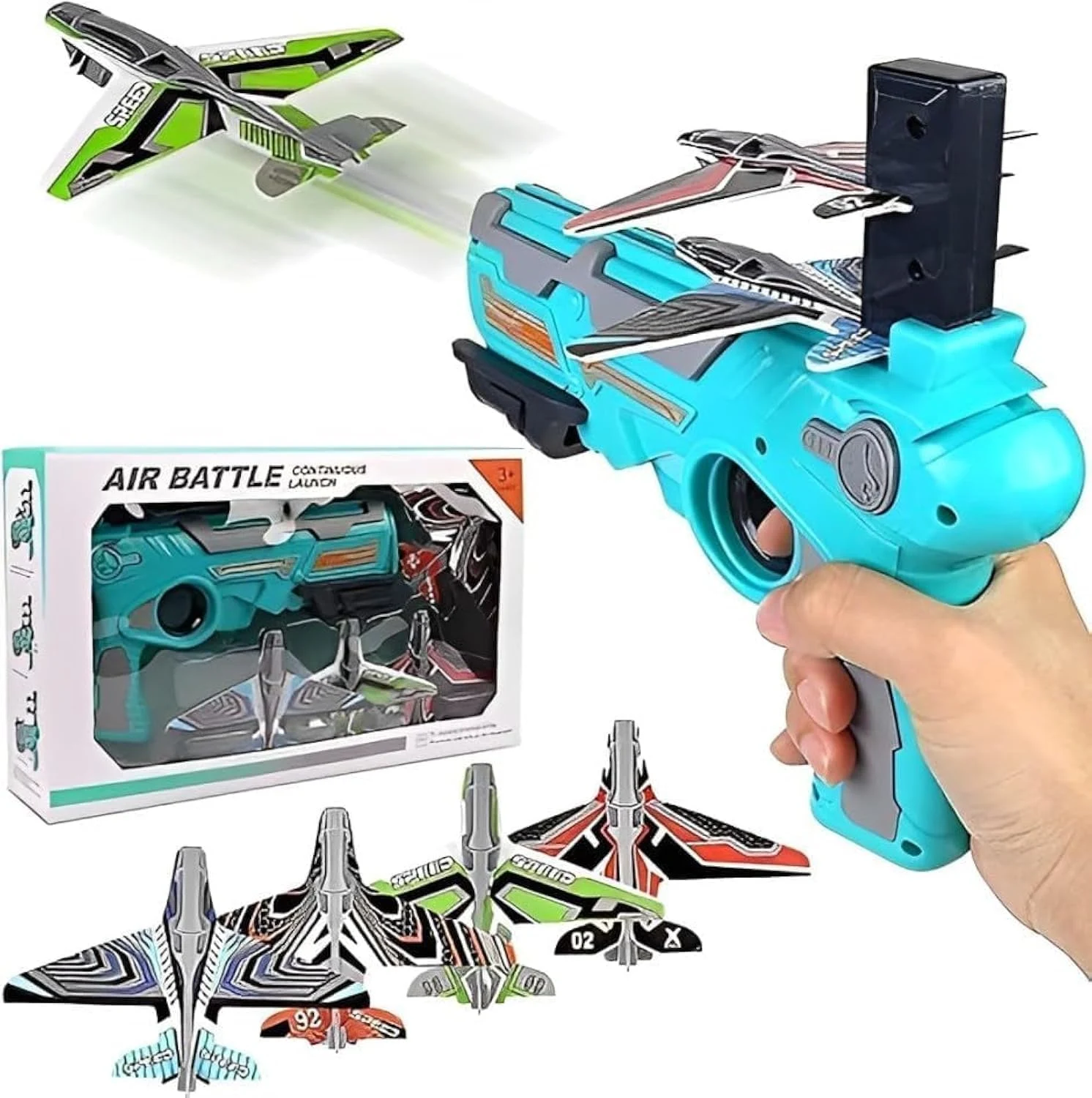 Graphene Airplane Launcher Gun Flying Aeroplanes Toys for Boys Safe & Fun Shooting Guns for Kids 4 Paper Foam Gliders Air Battle Pistol Toy