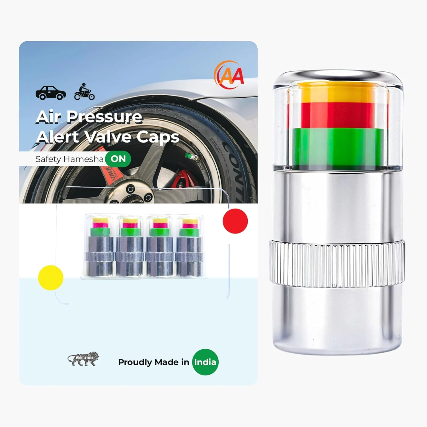 AA Tyre Air Pressure Alert Valve Cap (Set of 4) | Anti-Rust Brass Core | Color Coded Visual Indicator (28-36 PSI Range) | Low Pressure Warni
