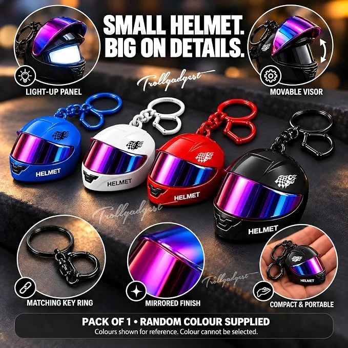 TrollGadgets® 9D Radian Glass Helmet Keychain With Light & Matching keyring, Pack off 1 Multicolour