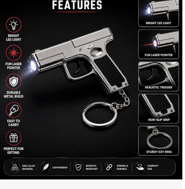 Laser Gun Keychain with LED Light, Laser Pointer & Whistle | Unique Gun Shaped Key Ring for Car, Bike & House Keys | Fun Utility Gadget & Gi